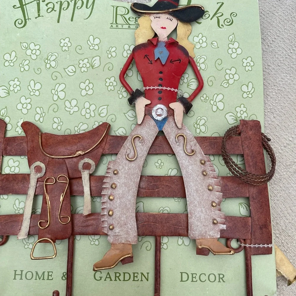 Hanging key hook Cowgirl Metal Wall Decor. Four hooks for keys. Hang anything.